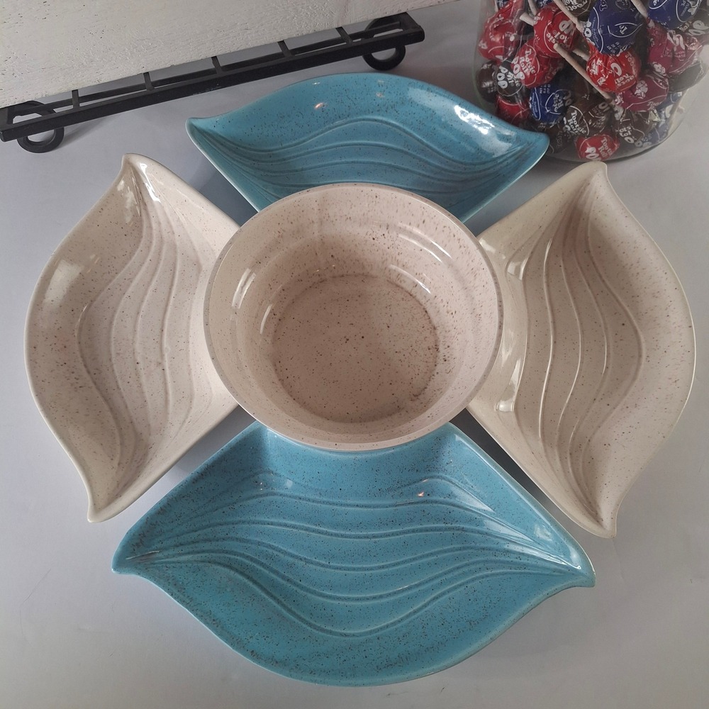 Vintage MCM L-33 USA Ceramic Leaf Chip and Dip Set Speckled Blue Cream 6 Pieces - Picture 3 of 9